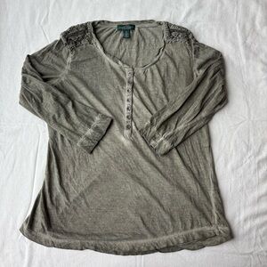 Olive Green Ralph Lauren Women's 3/4 Sleeve Henley Top with Lace Accents